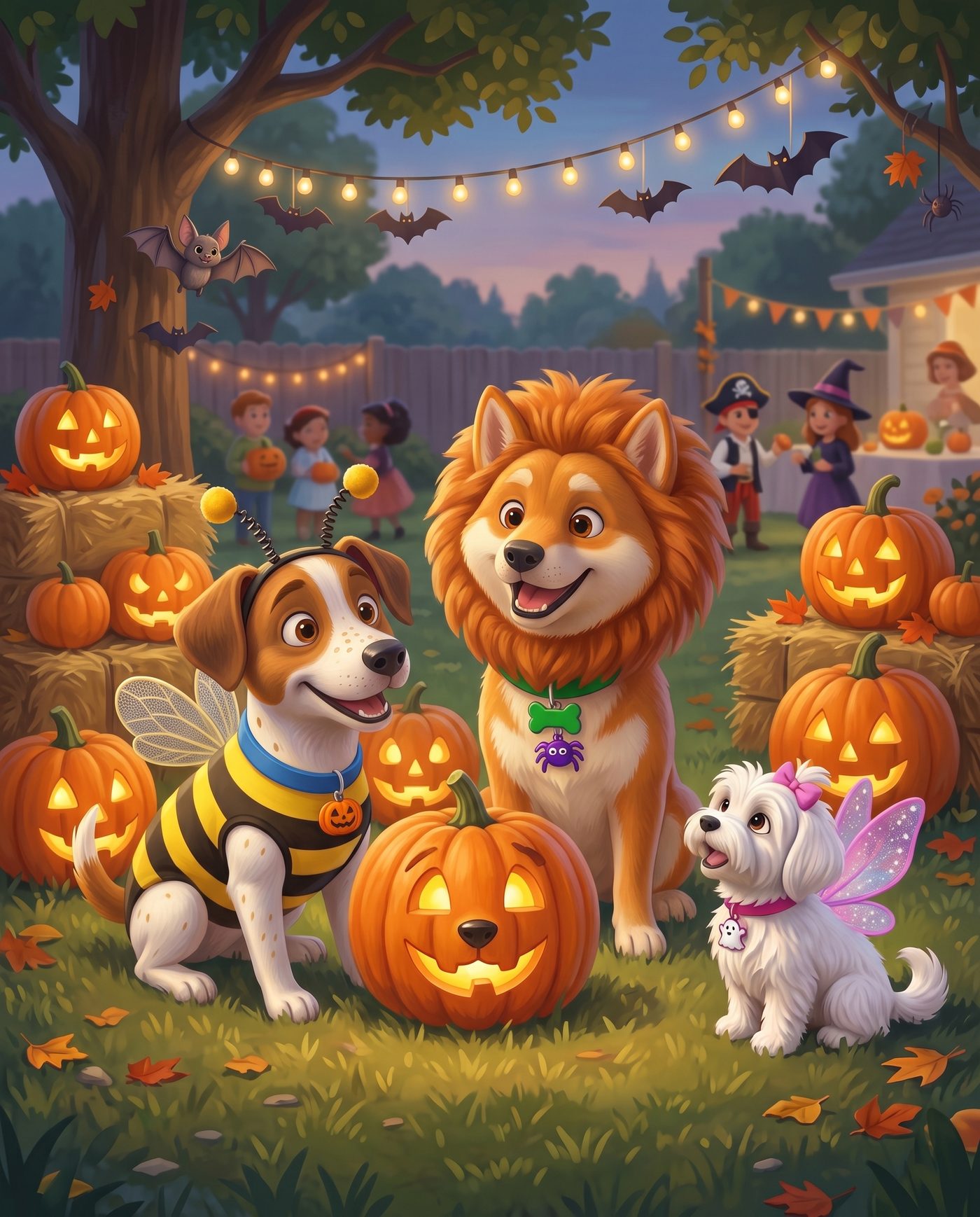 Rocco the bumblebee, Wiggles the lion and Lucy the fairy at a Halloween party with glowing jack-o'-lanterns