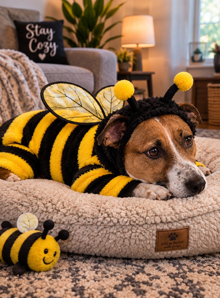 The real Rocco resting in a bumblebee costume