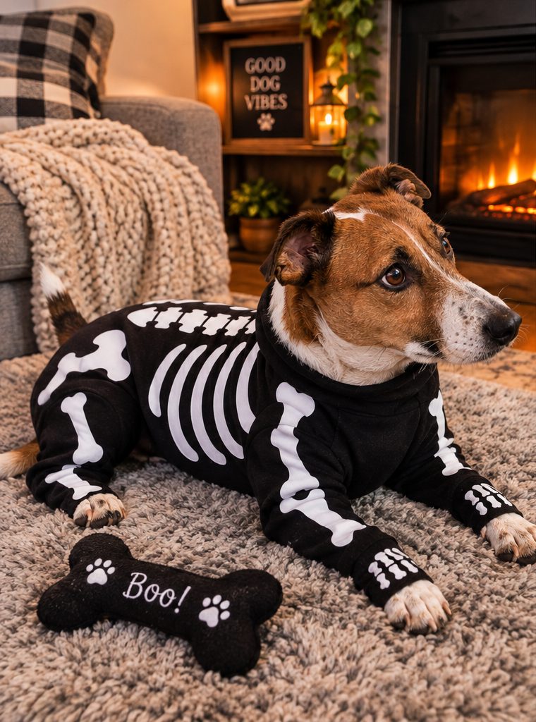 The real Rocco in a skeleton costume by the fireplace
